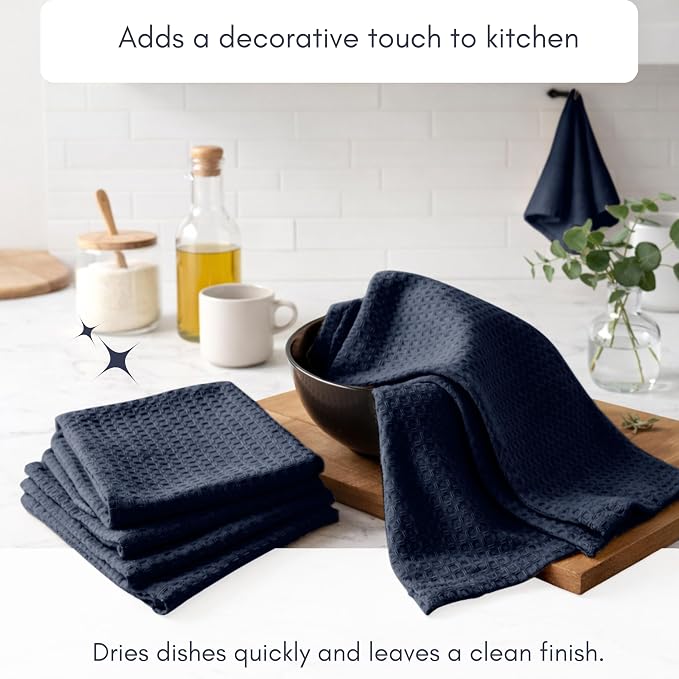 TWINY threads Kitchen Towels Set of 4, 16x26 Inches, 100% Soft Cotton Waffle Weave Dish Towels, Absorbent Tea Towels with Hanging Loop, Washable Reusable Cloths for Cleaning and Dining, Navy