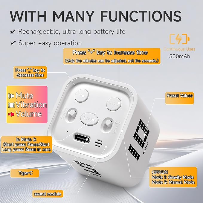 Exlliy Rotating Productivity Timer 5, 10, 30, 60 Minutes Preset, Desk Cube w/Gravity Sensor for ADHD, Mute Functions, Ideal for Work, Study, Kitchen, Back to School (White)