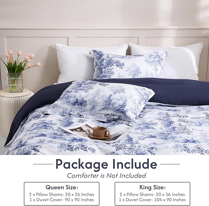 LONAVA Queen Botaincal 3 Pcs Duvet Cover Set, Breathable Soft Microfiber Navy Lining Comforter Cover with Zipper Closure, and 2 Anti-Pilling, Fade Resistant Pillowcases, Blue Forest