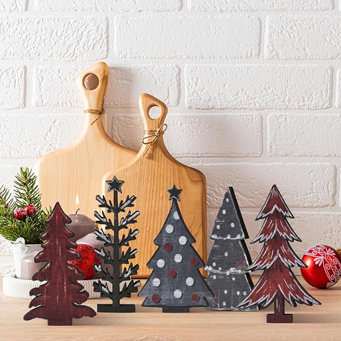 Smile 5 Pcs Wooden Blocks Christmas Trees Signs, Snow Tiered Tray Decorations, for Home Table Shelf.