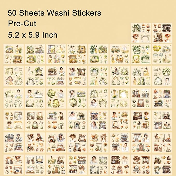 YagCu Garden Journal Sticker Book, 50 Sheets Washi Junk Journaling Sticker, Scrapbook Supplies, Watercolor Scrapbooking for Adults, Yellow Decorative Ephemera Arts Craft