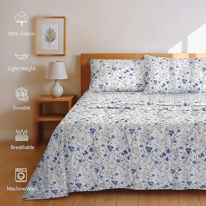 RUVANTI 100% Cotton Split King Sheets Sets for Adjustable Bed, 5 PCs, Soft & Breathable Percale Weave Bedding, Deep Pocket 16", Hotel Standard, Crisp Cool Feel & Durable, Floral Sheet, Sweet Pea