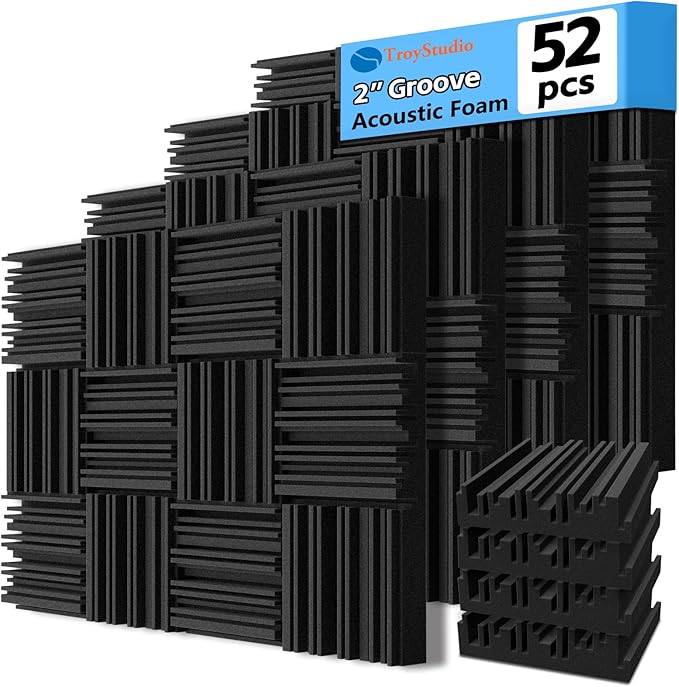 TroyStudio Thick Acoustic Foam Panels, 12 X 12 X 2 Inch 52 Pcs Broadband Sound Absorbing Foam, Dense Soundproof Padding Tile, Recording Studio Foam Absorber, Groove Decorative 3D Wall Ceiling Panel