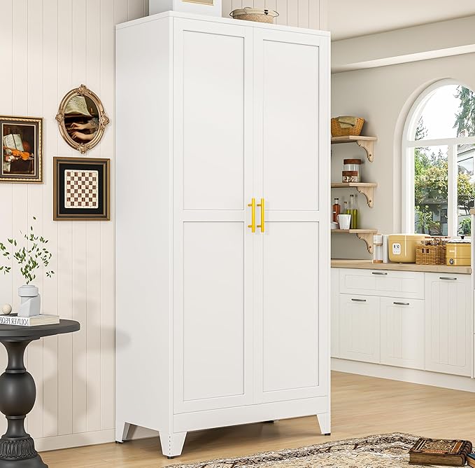 75" Metal Kitchen Pantry Cabinet,White Storage Cabinet with Doors and 5 Adjustable Shelves, Cabinet with 2 Metal Handles,Tall Cabinet for Livingroom,Pantry, Bathroom,Kitchen
