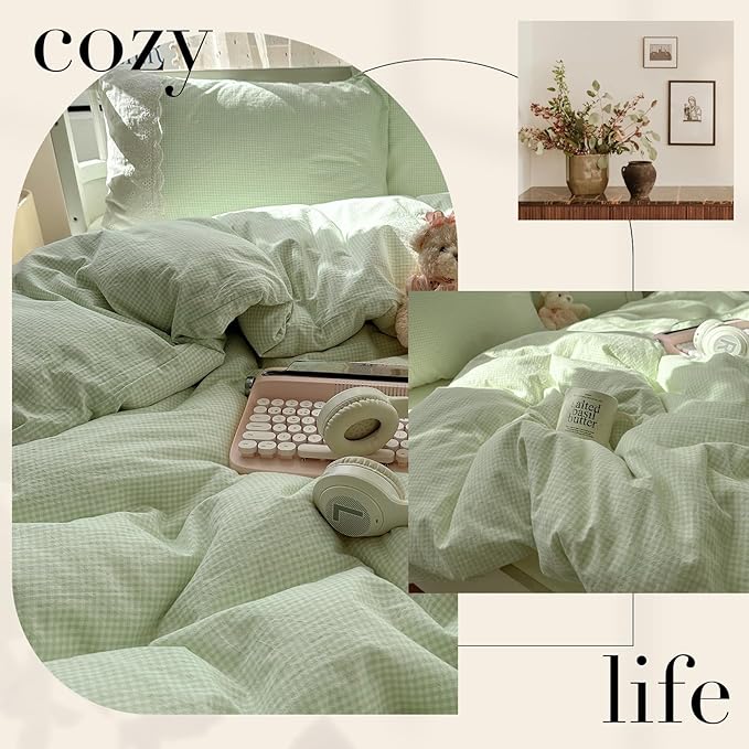 LifeTB Green Gingham Duvet Cover Twin XL 3 Pieces Romantic Lace Duvet Cover Soft Washed Microfiber Green Grid Plaid Comforter Cover with 2 Pillowcases Farmhouse Checkered Gingham Bedding Set