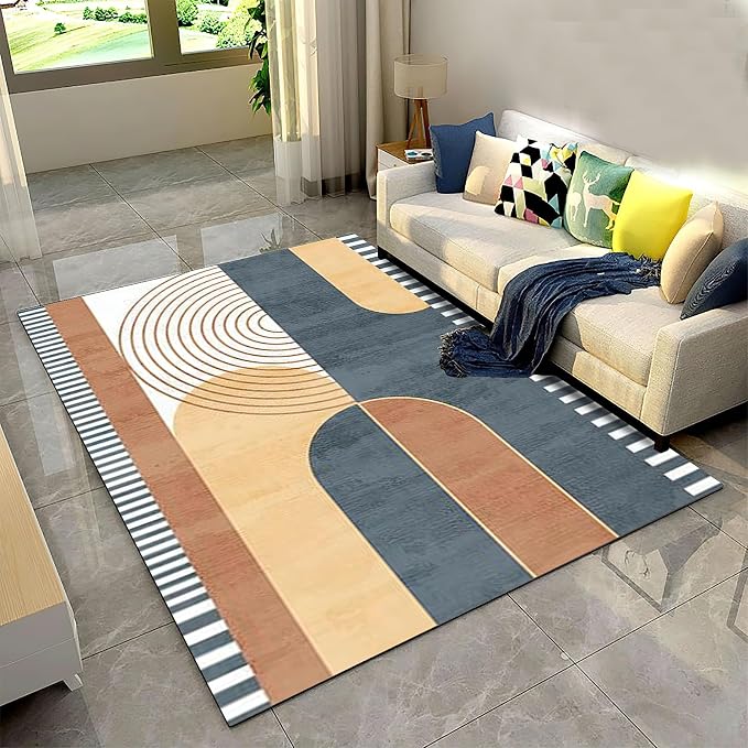 Vintage Modern Mid Century Area Rug, Abstract Geometric Irregular Stripes Non Slip Bedroom Rugs, Breathable Durable Carpet for Indoor Study Living Room Office Decor Rug - 4 ft x 6 ft