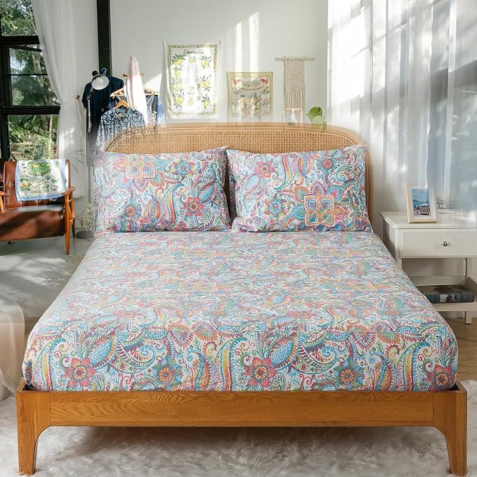 Zusbest King Size Sheets 100% Cotton Pink Green Paisley Floral Bed Sheet Set Watercolor Bedding Luxury Soft Breathable Crispy Cooling Percale Printed Sheet 17.5 Inches Deep Pocket Bed Set King, 4Pcs