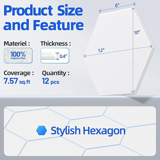 12 Pack Hexagon Acoustic Panels with Self-Adhesive, 12" X 10" X 0.4" Sound Proof Foam Panels for Walls, High Density Soundproof Wall Panels, Sound Dampening Panels for Home Studio Decor Office - White