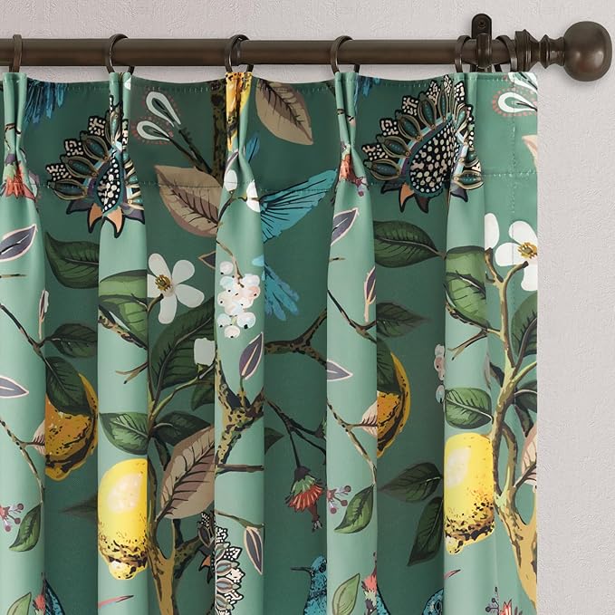 Sage Green Boho Floral Pinch Pleated Curtains 72 Inches Long for Living Room Bedroom Luxury Whimsical Lemon Hummingbird Patterned Waverly Mid Century Colorful Pinch Pleated Blackout Drapes 2 Panels