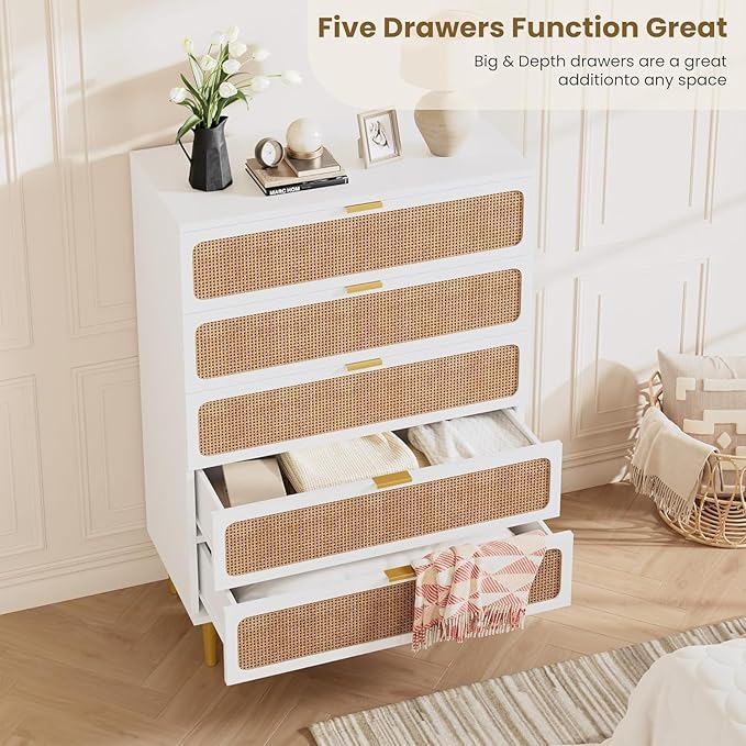 Garvee Rattan Dresser with 5 Drawers, Tall Modern Closet with Deep Storage, Large Chest of Drawers with Wide Top, Long Wooden Dresser for Bedroom, Living Room, Hallway, Kids Room, White