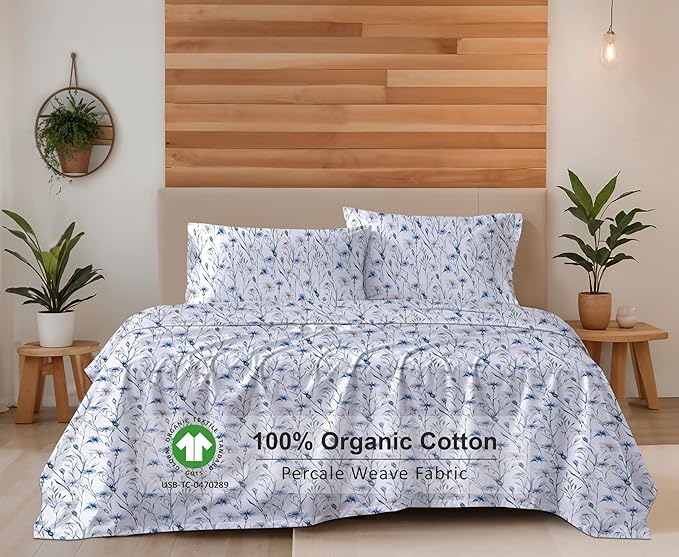 RUVANTI 100% Organic Cotton Sheets California King, Percale Weave, GOTS Certified, 4-Piece Set, Deep Pocket 13", Crisp & Breathable, Soft Durable Bedding, Sábanas Algodón Orgánico – Daisy Bud