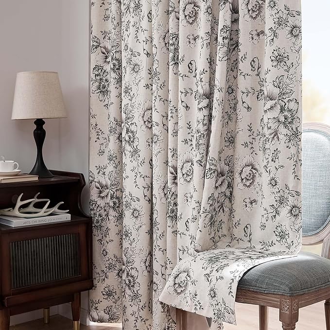 jinchan Blackout Linen Blend Curtain Floral Blackout Curtains for Living Room 63 Inch Length Black Printed with Lined Blackout Curtain for Bedroom Farmhouse Curtains Set 2 Panels