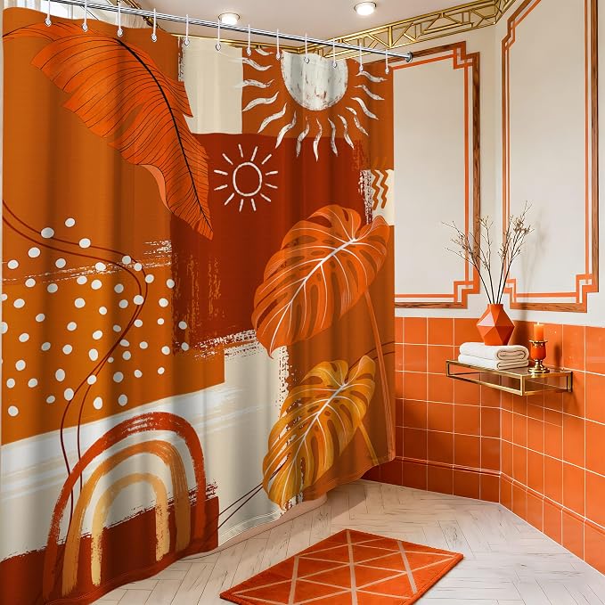 Burnt Orange Mid Century Modern Shower Curtain Boho Abstract Leaf Shower Curtains for Bathroom Decor Sets, Waterproof Cloth Fabric with Hooks, 60x72 Inch