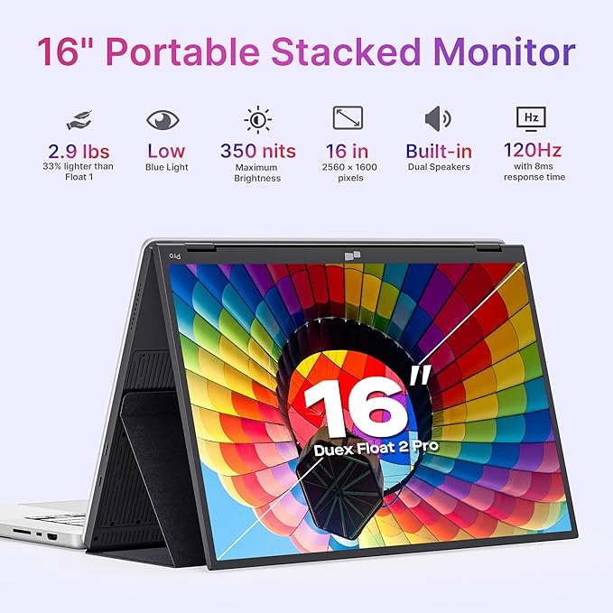 Mobile Pixels Duex Float 2.0 Pro 16" 2.5K Portable Monitor for Laptop, Built-in Kickstand & Speakers Ultra-Thin Laptop Screen Extender | USB-C & HDMI | Plug & Play for Windows, MacOS, Switch, Android