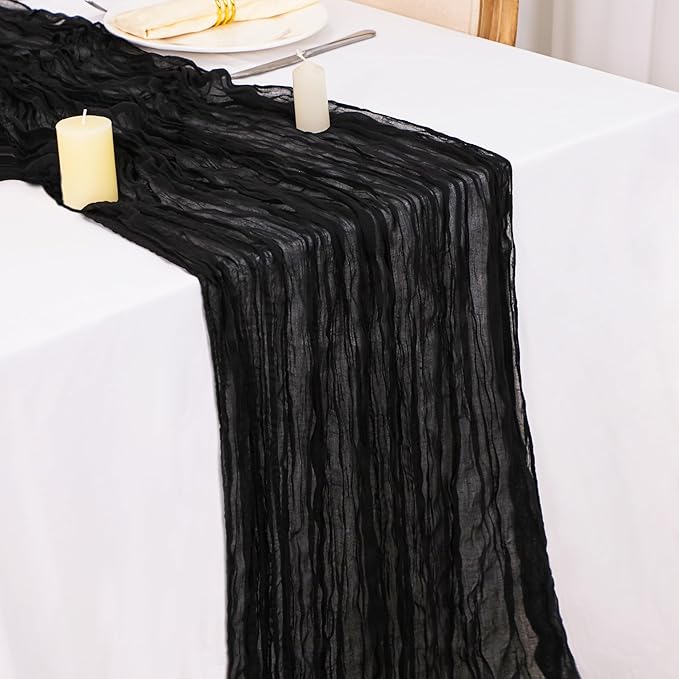 Snowkingdom 6PCS 10 Ft Black Cheesecloth Table Runner, 120 inch Long Cheese Cloth Boho Gauze Runners for Wedding Bridal Baby Shower Birthday Holiday Party Halloween Table Decorations