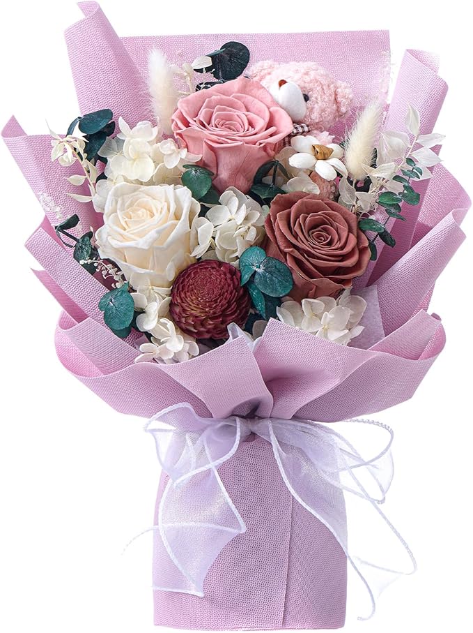 Polylove Forever Flower Bouquet Flowers for Delivery Prime Preserved Roses with Bear Gift Box for Wife Women Mother Day Anniversary Birthday (Purple)