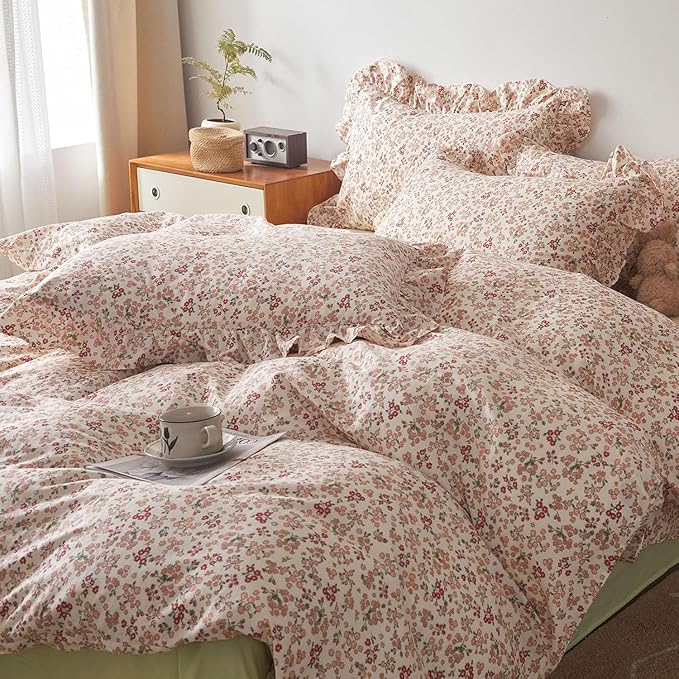 LifeTB Pink Flower Comforter Set Queen Floral Printed Aesthetic Bedding Set Vintage Garden Style Floral Comforter with 2 Pillowcases Girls Cute Flower Botanical Bedding Queen Bed Comforter Set