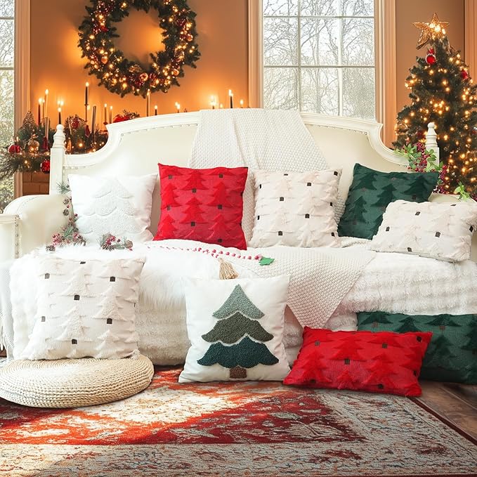 GEEORY Christmas Pillow Covers 26x26 Inch Set of 2, Christmas Decorations Xmas Tree Soft Plush Fluffy Faux Fur Decorative Throw Pillows Farmhouse Winter Cushion Case Beige Brown GC034-26