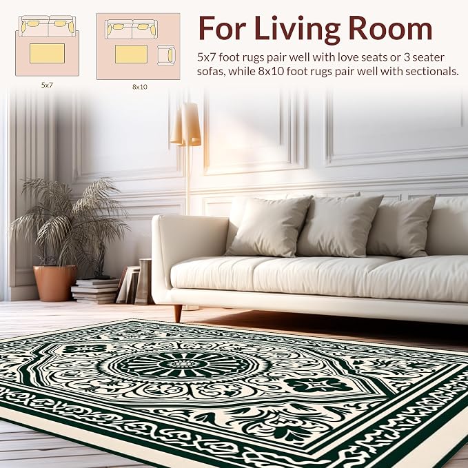 Flatwoven Area Rug 8 ft, Boho Medallion Ornate Symmetrical Accent, Non Slip, Stain Resistant, Washable High Traffic Area Rugs for Living Room, Bedroom Decor