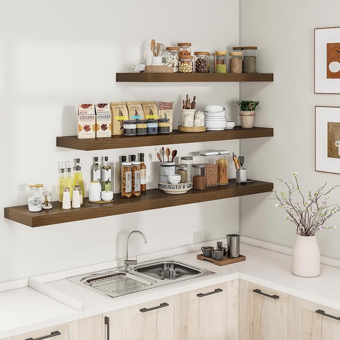 RICHFOCUS 55Inch Floating Shelves for Wall 1 Pack Shelves for Bedroom|Kitchen|Bathroom Wall Mounted Rustic Wood Floating Shelf with Invisible Brackets for Books|Storage|Decor, Walnut