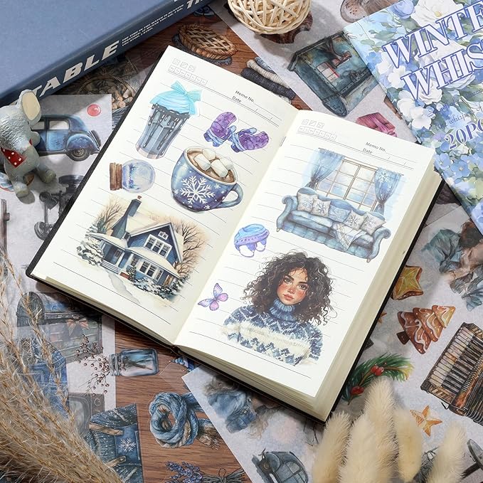 Auguro Winter Scrapbook Stickers 20 Sheets 240 Pre-Cut Washi Stickers for Journaling PET Transparent Book Sticker Decorative or DIY Paper Crafts, Arts and Crafting Projects
