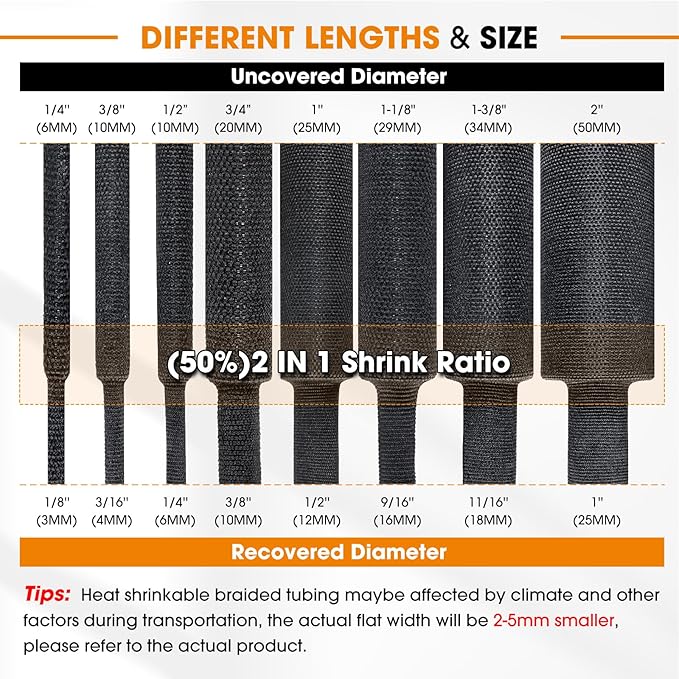 SUNNAREPOON Black 2:1 Ratio Automotive Heat Shrink Braided Sleeving,Wear-Resistant Flat Woven Shrinkable Sleeve Fabric Car Cable Wires Hoses Protection (1/2"-12ft)