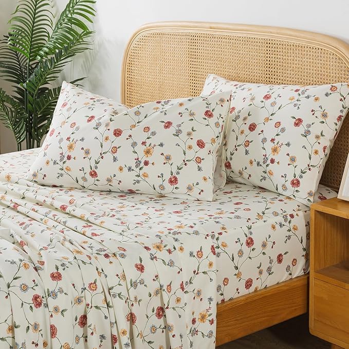 Zusbest California King Size Sheet Sets 100% Percale Cotton Off White Floral Bed Sheet, Brushed for Extra Softness, Breathable Flannel Sheets Like Pink Flower Print Deep Pocket Sheets 17.5'' 4 Pcs