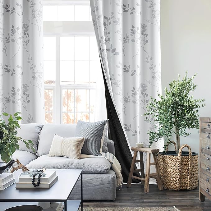 Beauoop Floral 100% Blackout Curtains 96 Inches Long 2 Panels for Bedroom Living Room Grey White Flower Patterned Room Darkening Thermal Insulated Soundproof Grommet Window Treatments Drapes, 52X96
