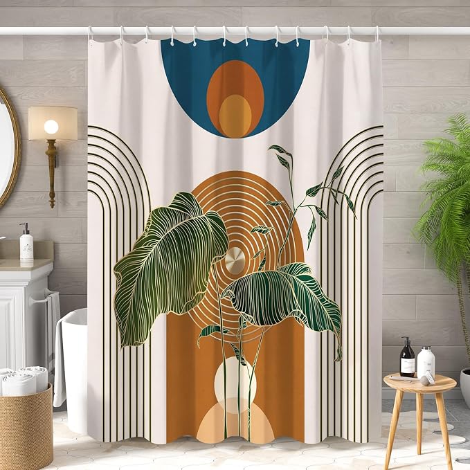 Boho Shower Curtain for Bathroom Modern Mid Century Plant Palm Leaves Bath Curtain Modern Minimalist Geometric Arch Bath Decor Waterproof Polyester Fabric Curtains Set 48x72 inch