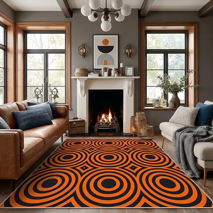 Retro Rings Area Rug 7x10, Optical Geometric Circle Rug, Bold Retro Pattern Carpet for Living Room Bedroom, Non Slip Soft Area Rug
