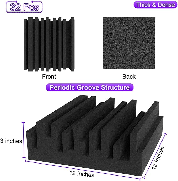 TroyStudio Thick Acoustic Foam Panels, 12 X 12 X 3 Inch 32 Pcs Broadband Sound Absorbing Foam, Dense Soundproof Padding Tile, Recording Studio Foam Absorber, Groove Decorative 3D Wall Ceiling Panel