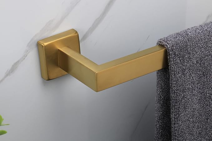 TocTen Bath Towel Rack - Square Base Thicken SUS304 Stainless Steel Towel Bar for Bathroom, Bathroom Accessories Towel Rod Heavy Duty Wall Mounted Towel Holder. (Brushed Gold, 24)