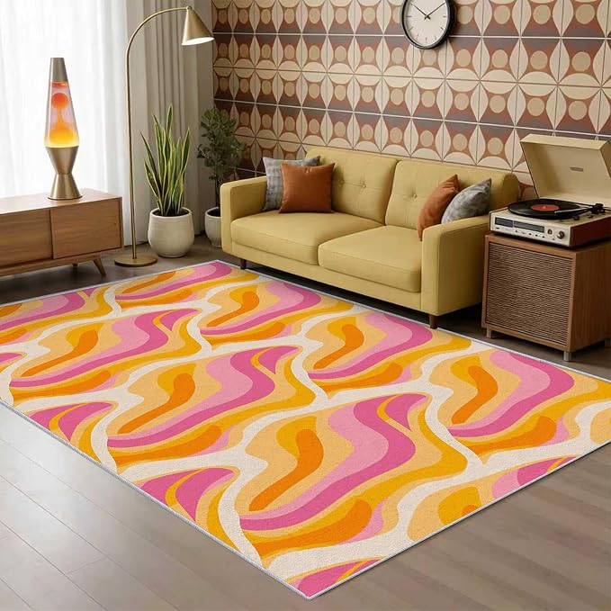 70s Retro Rug 6x8 Colorful Zebra Striped Groovy Pattern Area Rugs for Living Room, Bedroom, 70s Retro Home Decor Accessories Indoor Carpet, Non Slip & Machine Washable, GD0348