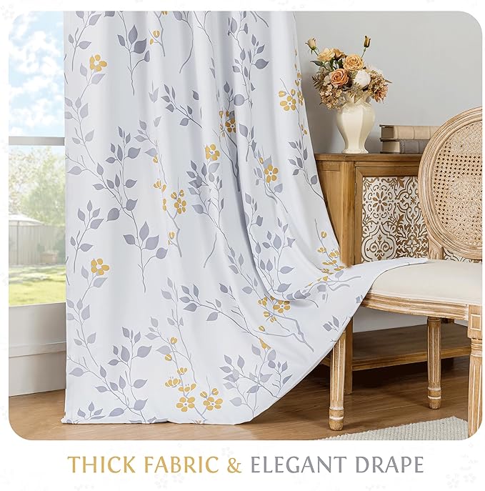 Beauoop Floral 100% Blackout Curtains 63 Inch Length 2 Panels for Bedroom Living Room Yellow Grey and White Flower Patterned Room Darkening Thermal Soundproof Grommet Window Treatments Drapes, 52X63