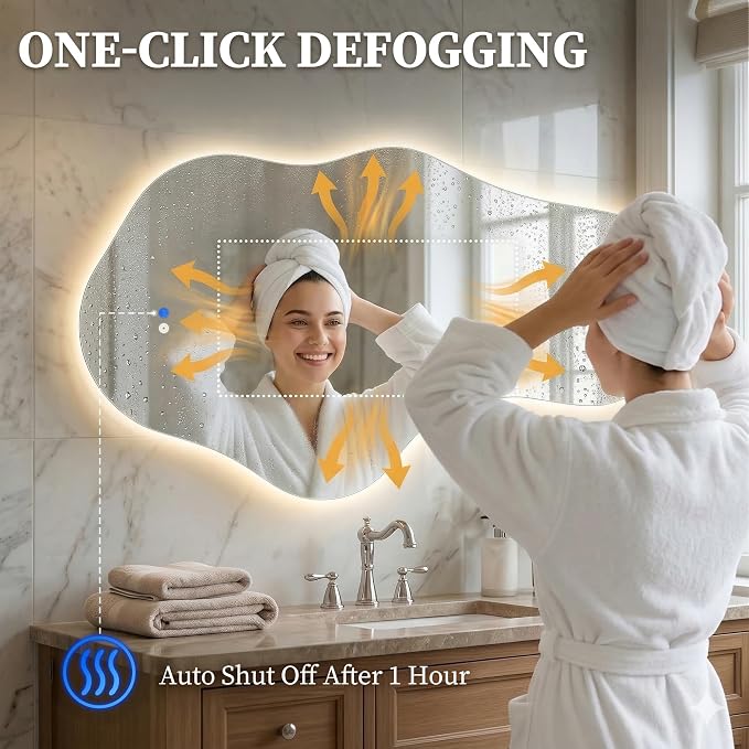 Irregular LED Bathroom Mirror with Lights, Backlit Vanity Mirror for Wall, Asymmetrical Wall Mirror, 3 Color Dimmable Anti-Fog Smart, Decorative Mirror for Bathroom, Entryway(26″ x 43″, 1 Pack)