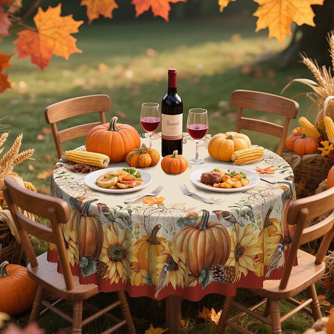 Eikione Sunflower Round Tablecloth 60In, Fall Tablecloth Waterproof and Reusable, Yellow Flower Rustic Floral Table Covers for Holiday Outdoor Decor