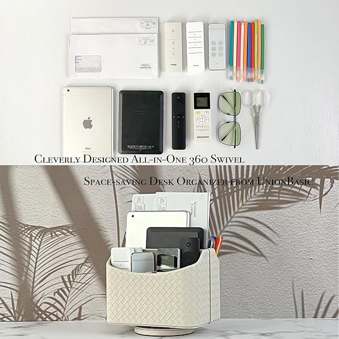 UnionBasic Rotating Desk Organizer, 360 Degree Desk Spinning Caddy, Desktop TV Guide/Mail/Media/Remote Controller Holder Organizer, Woven Beige