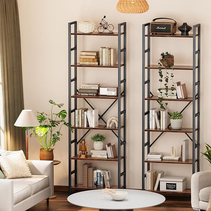 SUPERJARE Triple 6 Tier Bookshelf, Bookcase with 17 Open Display Shelves, Wide Book Shelf Book Case for Home & Office, Rustic Brown