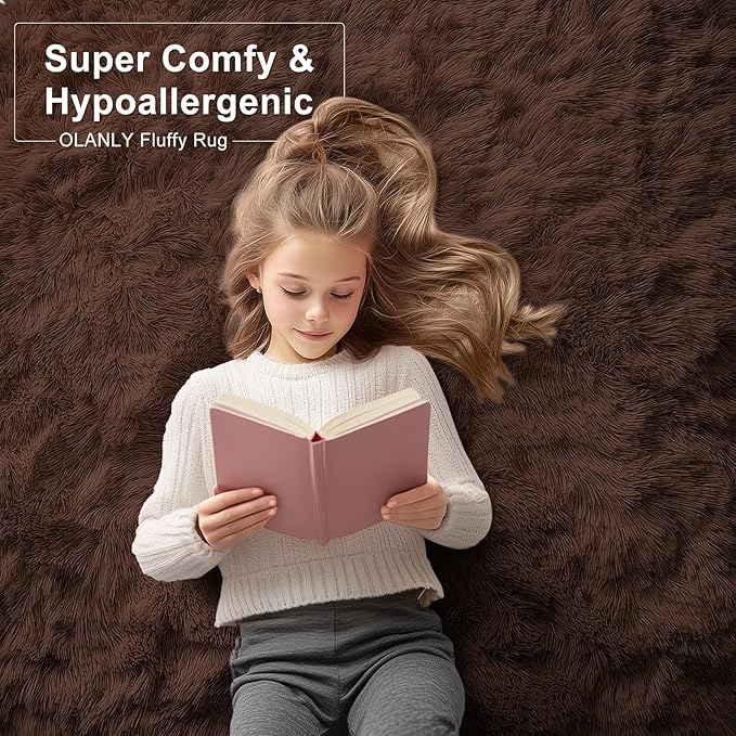 OLANLY 4x5 Machine Washable Accent Rug, Soft Fluffy Shaggy Area Rug for Bedroom, Living Room, Indoor Floor Carpet for Kids, Nursery, Home Decor, Coffee
