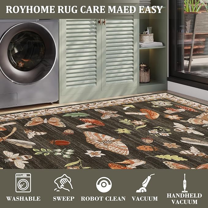 Washable 8x10 Mushroom Floral Rugs for Living Room Low Pile Soft Bedroom Large Accent Carpet Non Slip Non Shedding Nursery Playroom Carpet Mats Boho Vintage Brown Carpets for Dining Apart Dorm, Brown