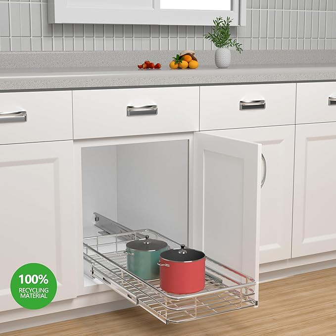 JOWBOOW Sliding Cabinet Organizer Pull Out Shelves (11" W x 21" D), Heavy-Duty Slide Out Shelf, Steel Metal Cabinet Roll Out Shelves for Kitchen Bathroom, Chrome