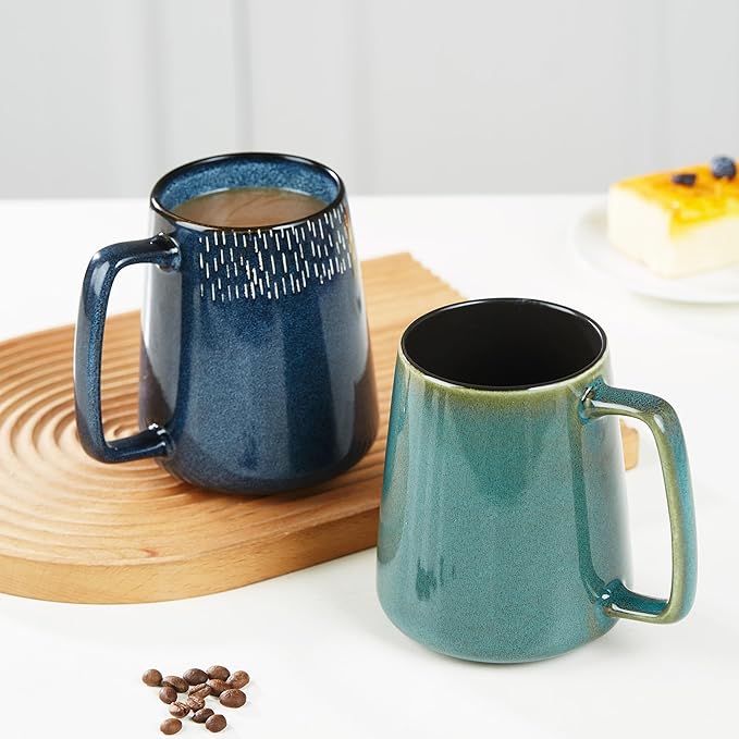 HYTYSKAR 24 OZ Extra Large Ceramic Coffee Mug, with Spoon and Wooden Lid, Big Tea Cups with a Large Handle for Office and Home, Microwave and Dishwasher Safe (24 oz Green Set)
