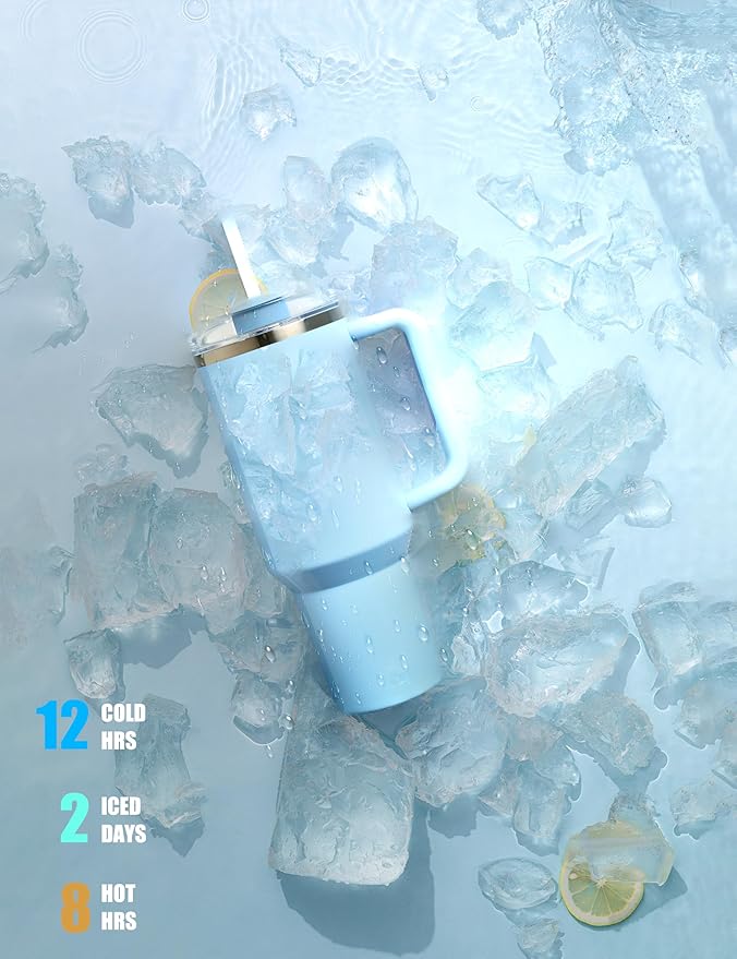 40 oz tumbler with handle and straw,Double Wall Vacuum Reusable Stainless Steel Insulated Water Bottle,With Leak Proof lid and Straw for Iced or Cold Beverages (Glacier)