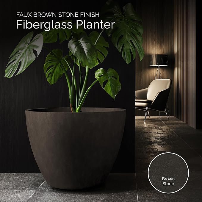Lupo Tapered Planter – Brown Stone Finish – Fiberglass Indoor/Outdoor and Weather-Resistant Medium Planter (24.4" D x 18.7" H Exterior, 23.1" D x 18.1" H Interior)