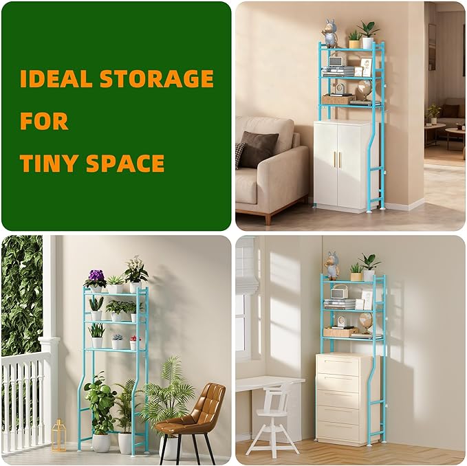 3-Tier Over Toilet Storage with Anti-Tilt Safety System - 150lb Total Capacity Metal Bathroom Shelves Including Paper Holder & 4 Hooks, Space Saving Above Commode Organizer (64" H, Blue)