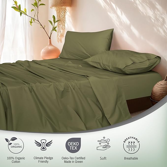 RUVANTI 100% Organic Cotton Sheets Split King, Percale Weave, GOTS Certified, 5-Piece Set, Deep Pocket 15", Crisp & Breathable, Soft Durable Bedding, Sábanas Algodón Orgánico – Olive