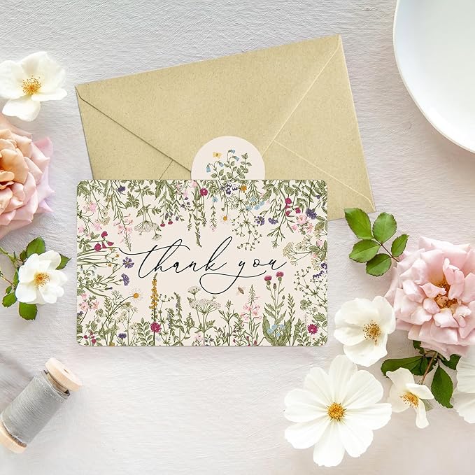 Artoid Mode 24 Pack Leaves Wildflower Thank You Cards Flower Greeting Cards Gift With Envelope Sticker Blank Note Cards for Birthday Wedding Baby Shower Bridal Shower, 4 x 6 Inch