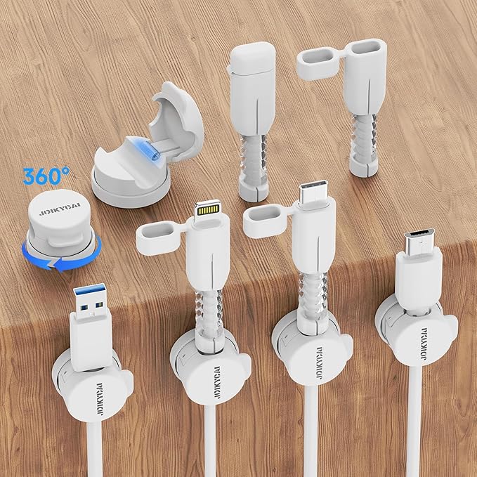 6 Desktop Cord Organizer Magnetic Spring Cable Clips Rotatable Cord Holder 2 Charging Cord Protecors for Nightstand Phone Charger Organizer Computer Desk Cable Management Appliance Adhesive Wire Strap