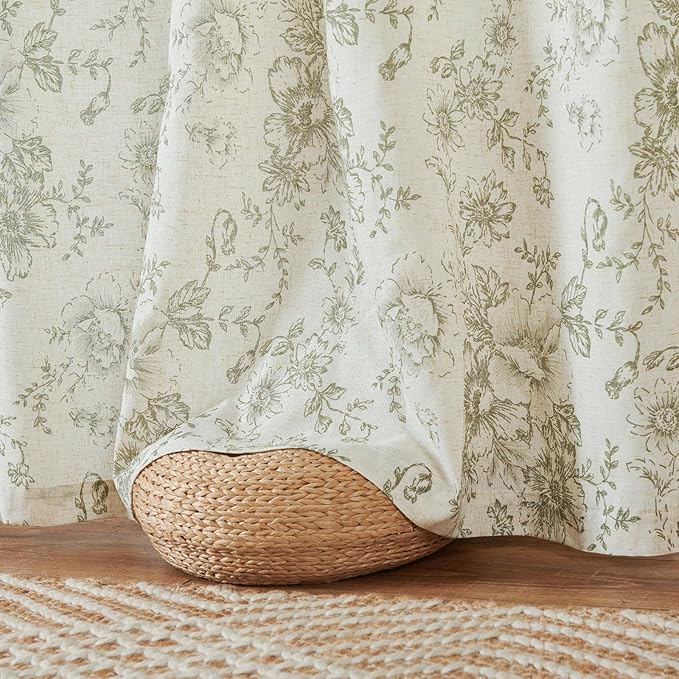 jinachan Linen Floral Curtains 100 Inch Extra Wide for Patio Sliding Glass Door Room Divider Curtain for Living Room 96 Inch Length Farmhouse Peony Christmas Green Printed Curtain Set 1 Panel
