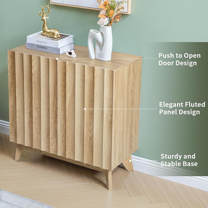 Bifins Sideboard Buffet Cabinet with Storage, 30.7" Mid Century Modern Fluted Storage Cabinet with Doors & Adjustable Shelves for Living Room,Kitchen,Entryway (Natural 1pc)